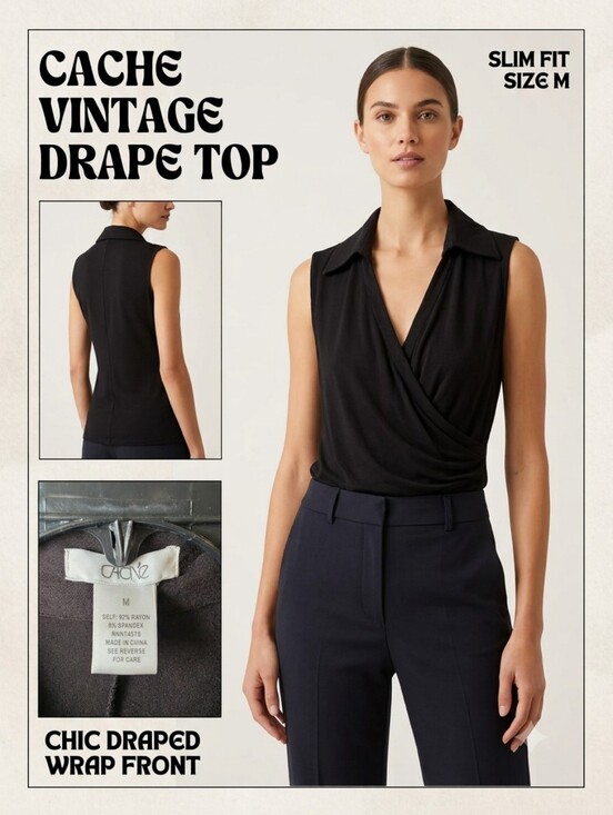 Cache Tops - Cache Sleeveless Black Draped V-Neck Top with Collar